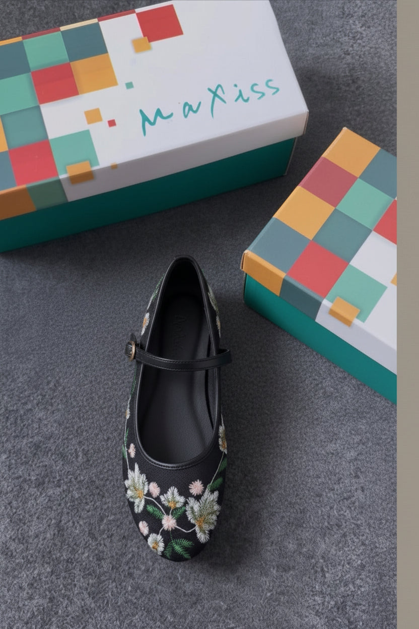 Black Floral Flats