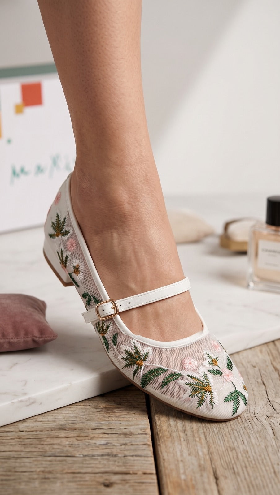 White Floral Mary Janes